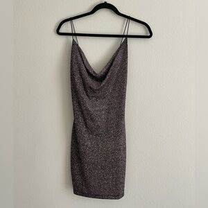 Silver Glitter Cowl Neck Mini Dress